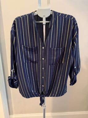 Good Days Only Navy Gold Striped Button-Front Shirt with Front Tie